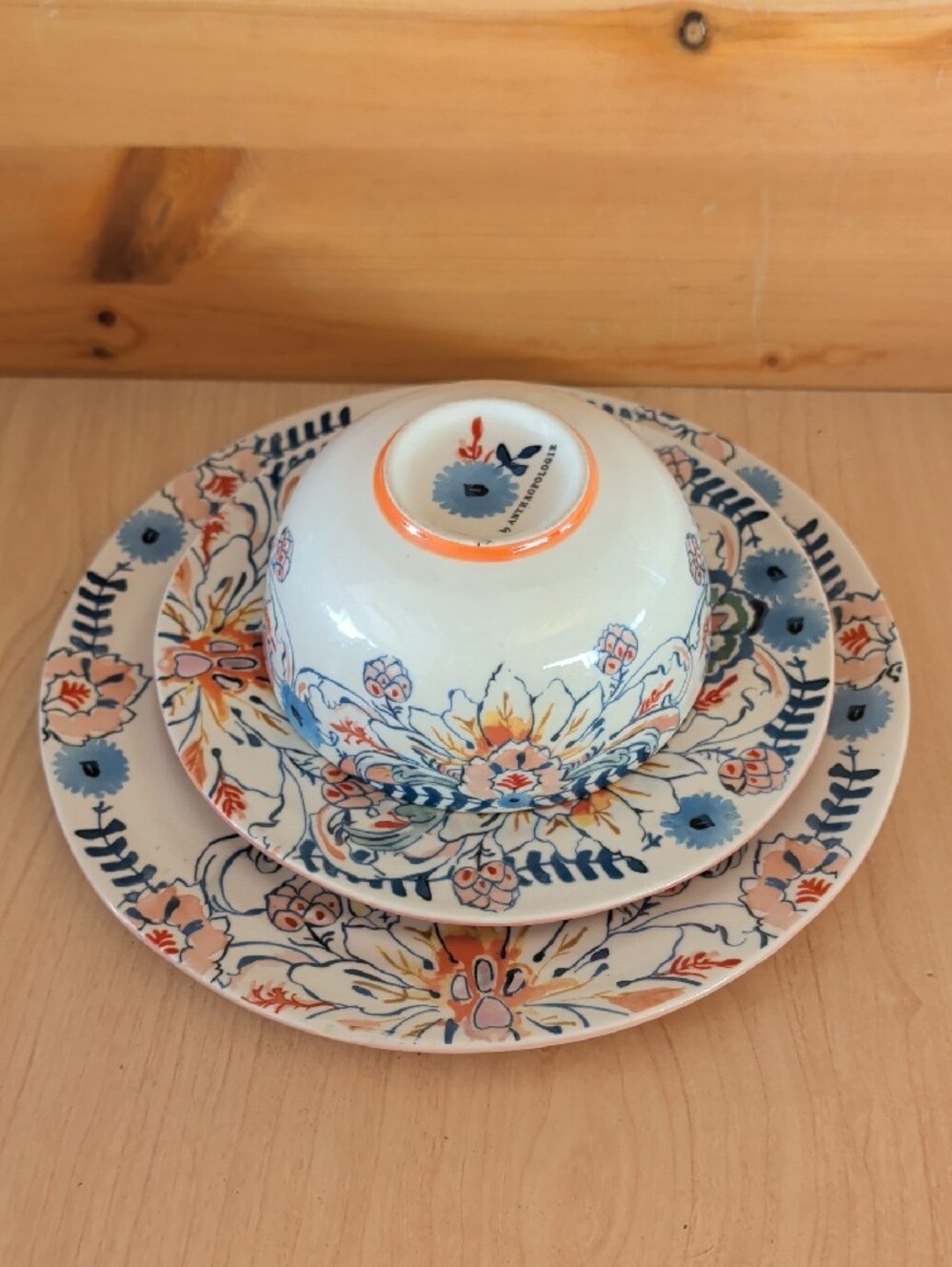 3 pcs. Anthropologie, Floral Ceramic Bowl, Salad & Dinner Plates.